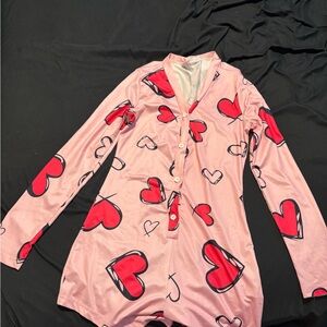 Pink Heart Print Button-Up Romper